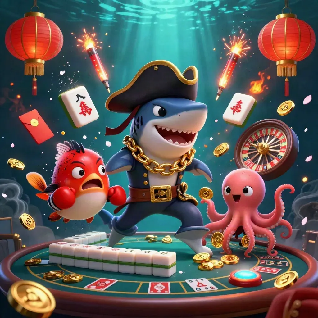 Pirate shark, boxing pufferfish and octopus amid casino treasure underwater