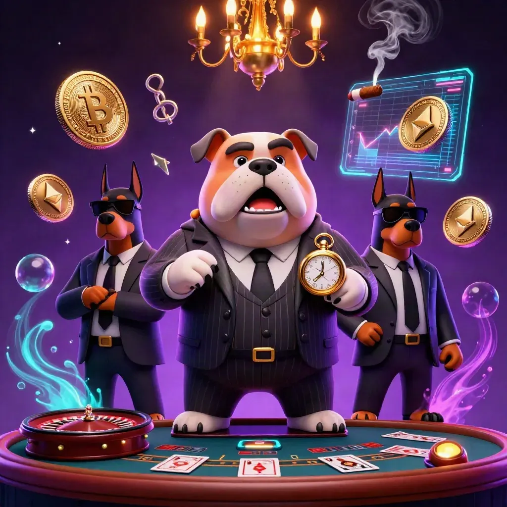 Mafia-boss bulldog with two Dobermans amid neon casino magic, coins, charts, and a spinning wheel.