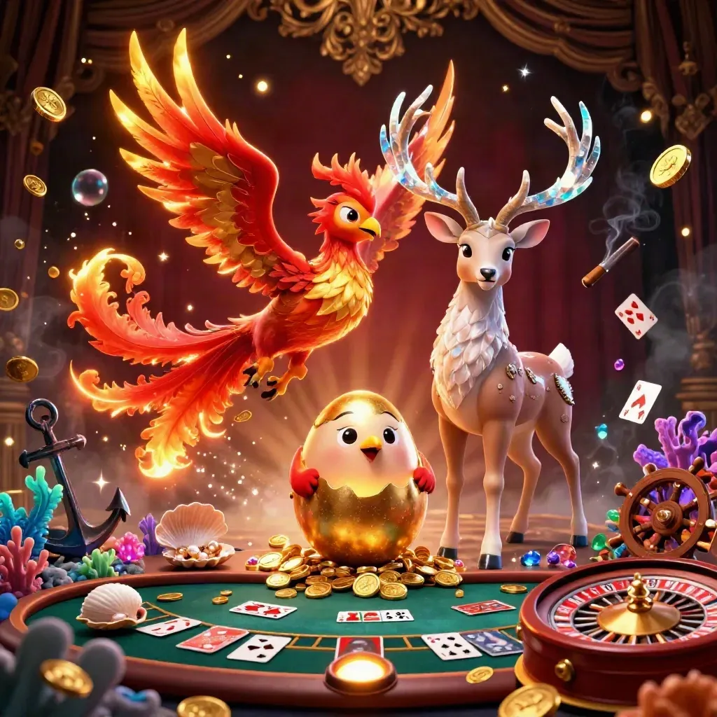 Phoenix, stag, and hatchling over treasure cove with roulette wheel and casino glow