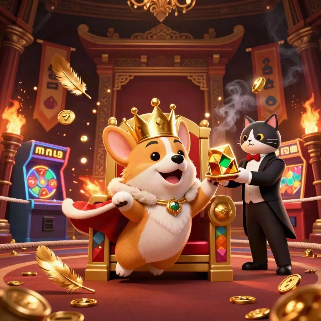 Royal corgi and cat butler burst amid casino treasure, temple gate, embers, and poker chips.