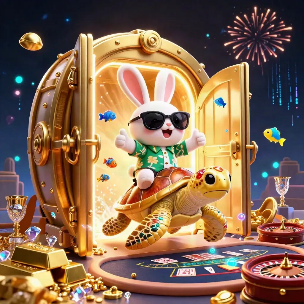 Lucky rabbit on a gold sea turtle bursts from a vault with coins, gems, and casino lights.