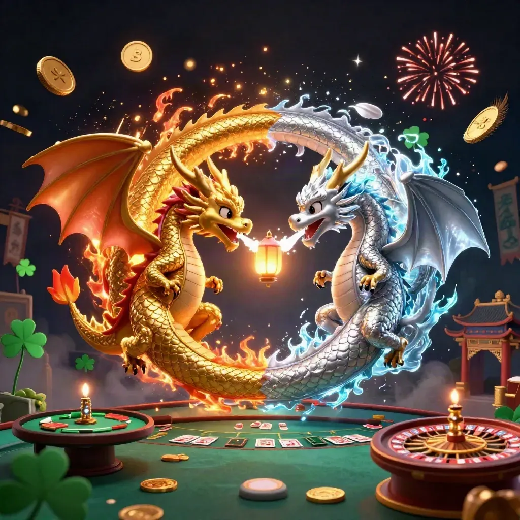 Twin gold and silver dragons spiral through coins, fireworks, and casino table elements in a luxe dark scene.