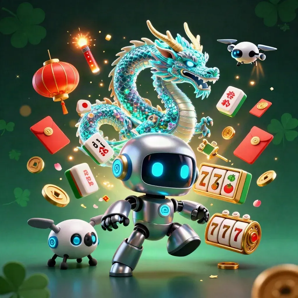 Cyberpunk robot, hologram dragon and coin drone amid casino lucky symbols on a dark emerald glow.