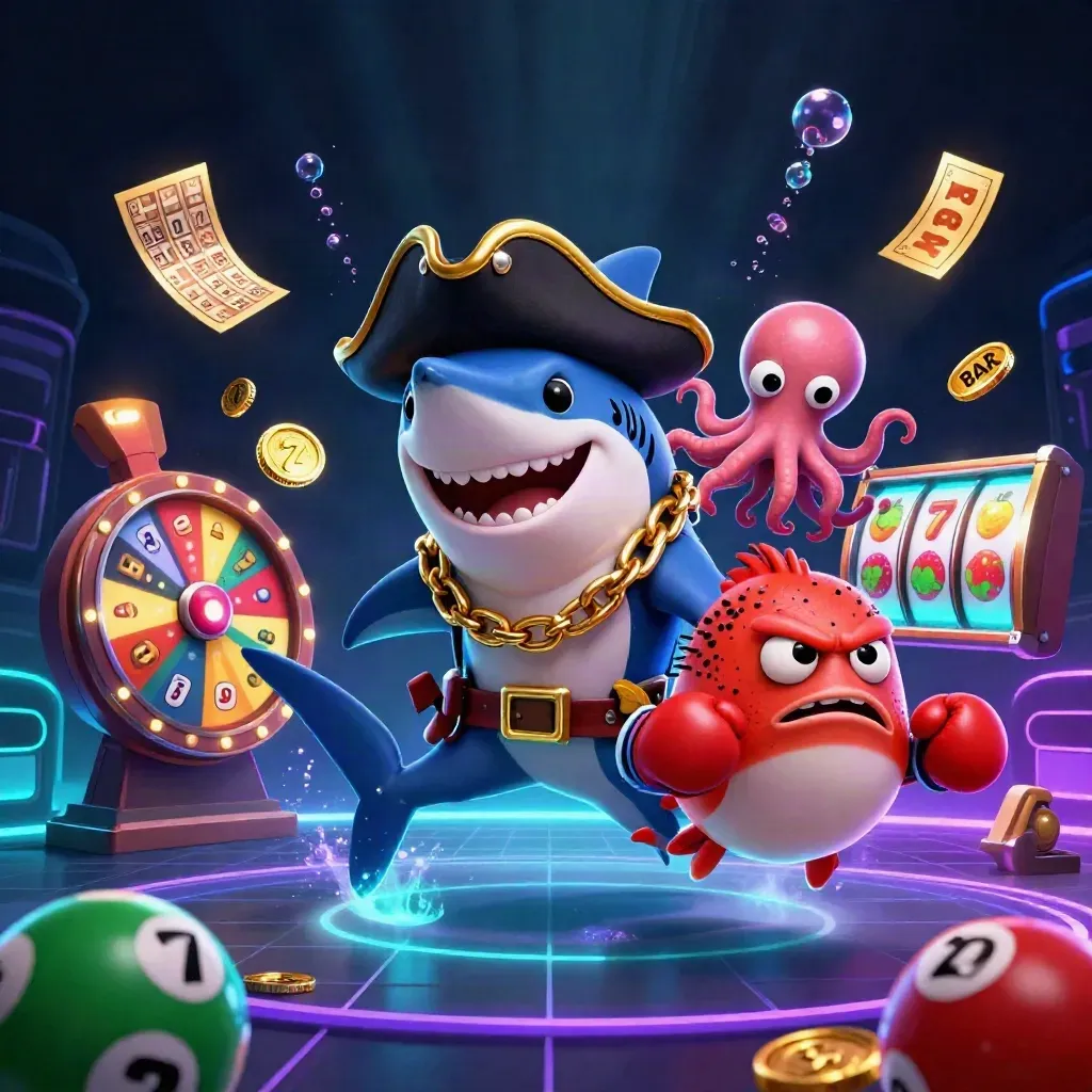 Pirate shark, boxing pufferfish, and coin-juggling octopus amid neon casino symbols
