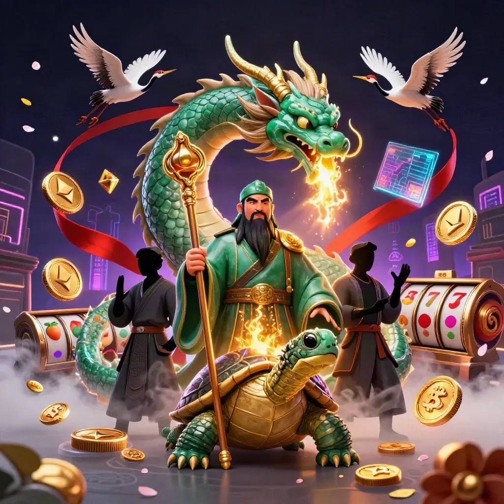 Emerald dragon, turtle sage, cranes, casino coins, lightning, reels, petals, and gold fire in a dark neon scene.